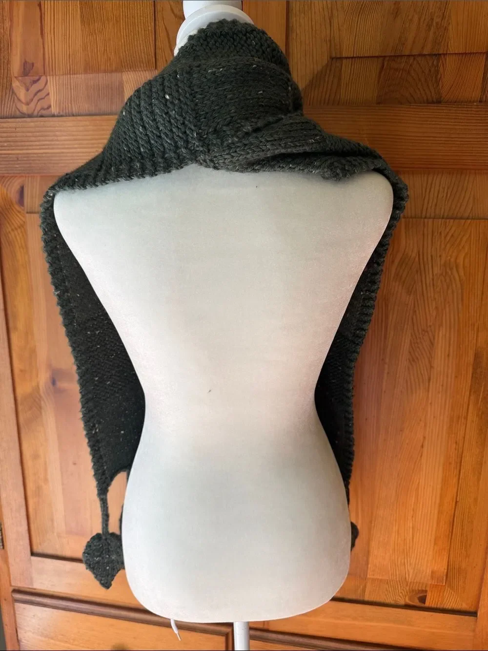 Handmade Dark Olive Knit Scarf with Leaf Tassels